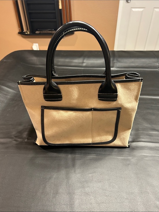 Saks Fifth Avenue Handbags - Saks Fifth Avenue Beige Canvas Tote with Black Trim
